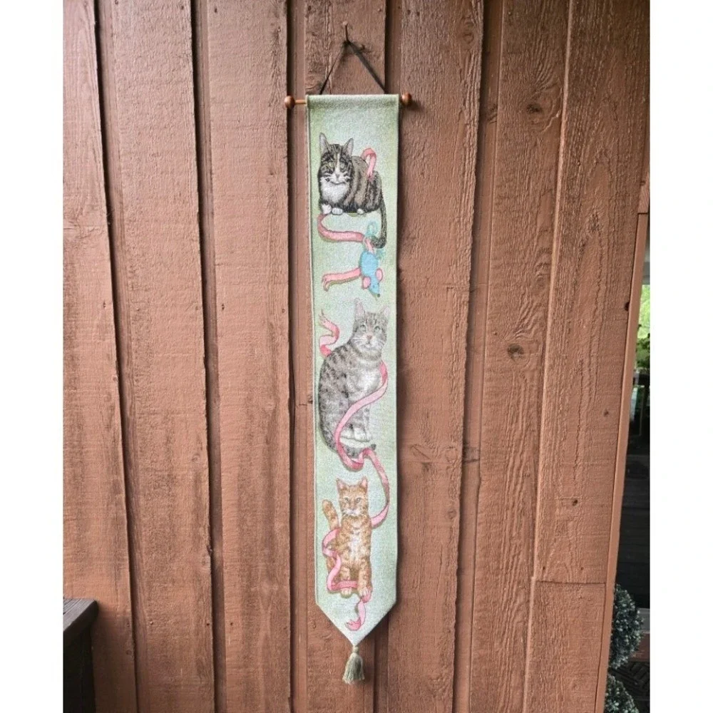 Vintage Tabby Cats‎ & Pink Ribbon Tapestry Bell Pull Wall Hanging 41
